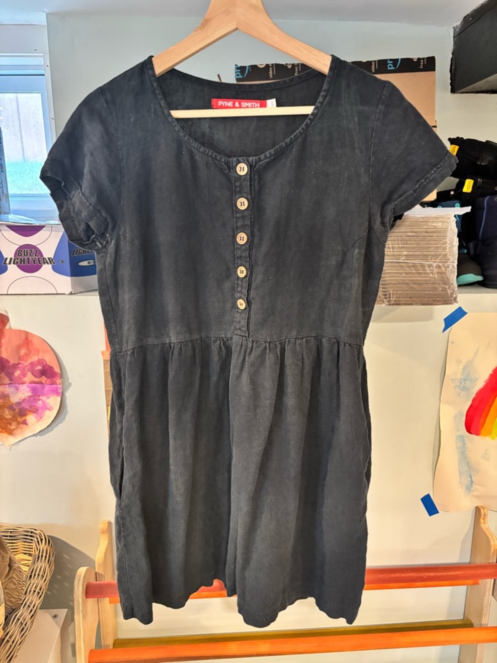 PYNE & SMITH Black Short Sleeve Midi Dress with Button Front